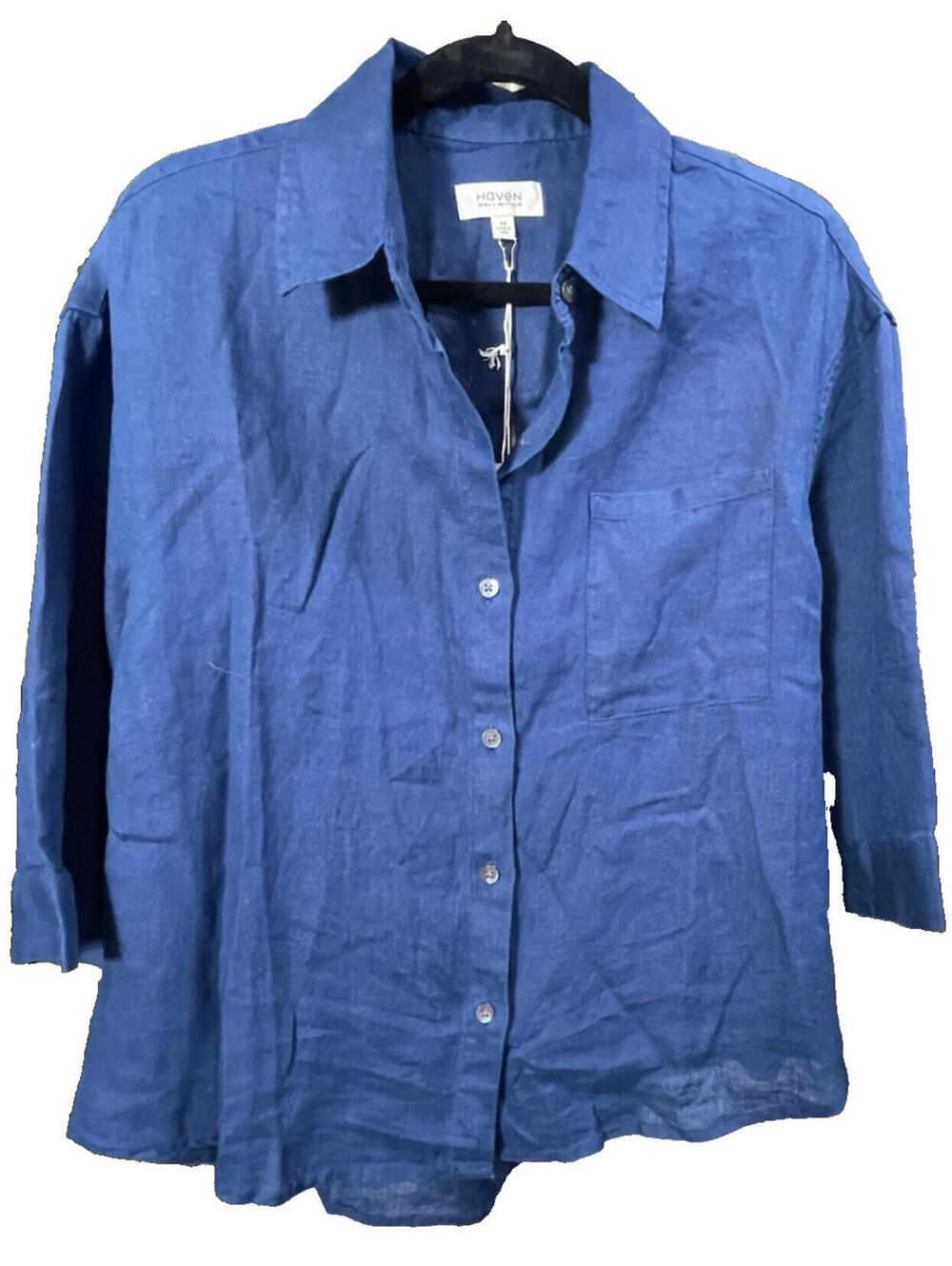 NWT Haven Well Within 100% Linen Collared Button Up Shirt Blue Women's Size M